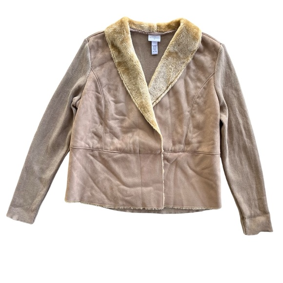 Jaclyn Smith Jackets & Blazers - Jaclyn Smith Womens Sz XL Tan Faux Fur Collar Suede Front Knit Penny Lane Jacket